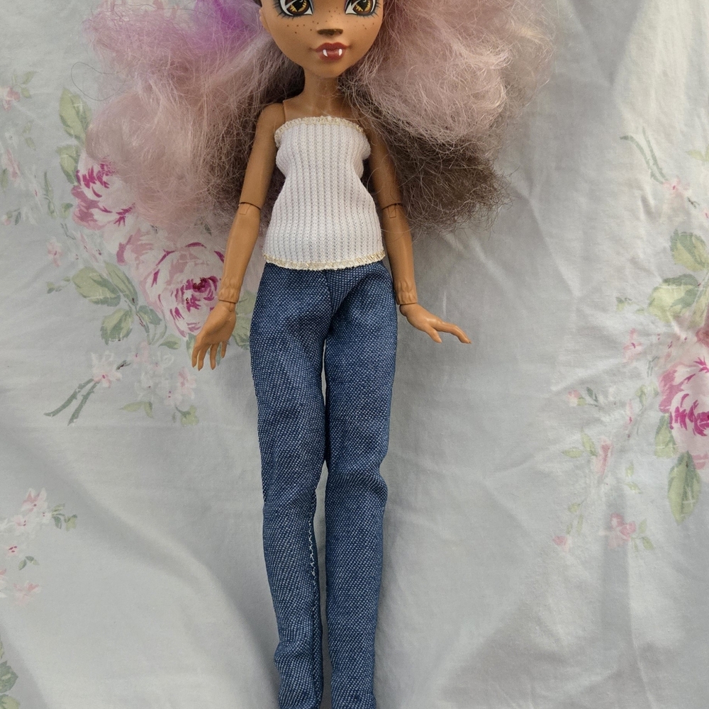 monster high Doll with Pink & Brown Hair, White Top, Blue Jeans